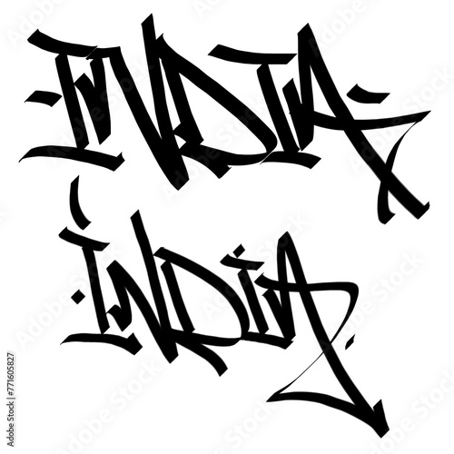 INDIA letter the country name on the world digital illustration graffiti handstyle signature symbol tags painting with black and white color photo