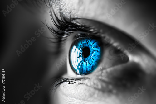  a close-up of a human eye with a bright blue iris. The rest of the image is in black and white, creating a striking contrast with the blue iris