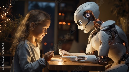 girl pointing at a cute white modern robot.