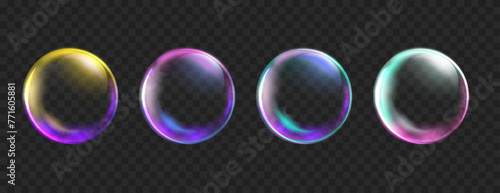 Colorful Bubbles isolated on black background. Realistic transparent neon soap bubble with glares. Shiny bright soapy circles © Hanna_zasimova