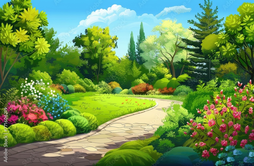 Obraz premium Serene City Garden Oasis with a Path and Colorful Shrubs and Flowers