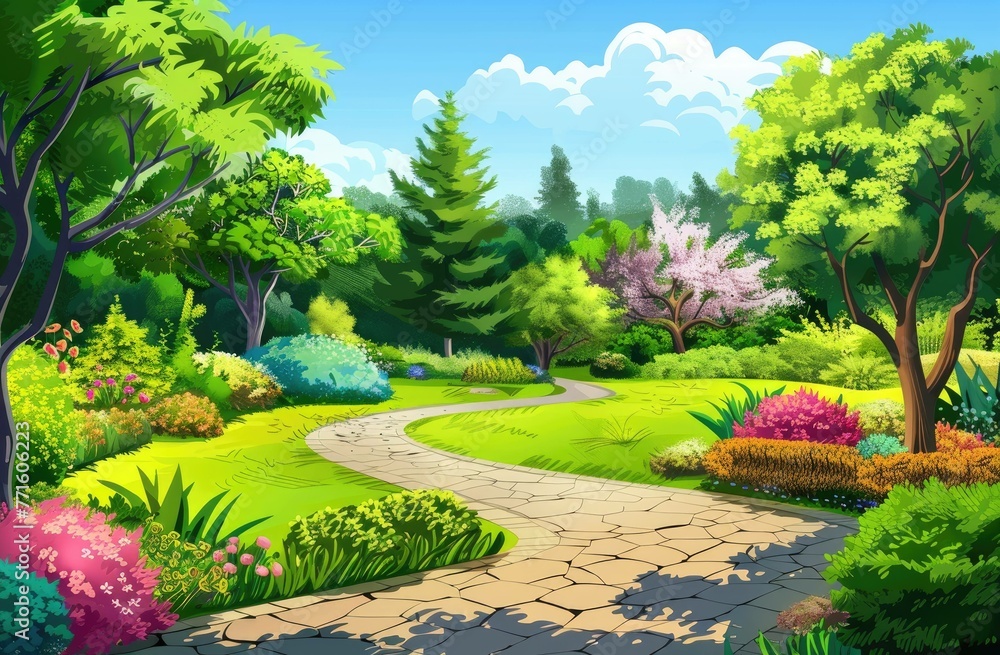 Serene City Garden Oasis with a Path and Colorful Shrubs and Flowers