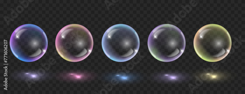 Realistic soft colorful soap bubbles. Transparent crystal soap bubbles isolated on dark transparent background