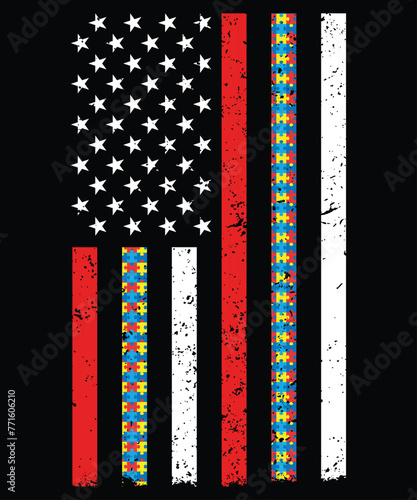 Thin Red Line Firefighter Support Autism 4th July Flag Shirt
