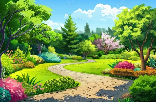 Serene City Garden Oasis with a Path and Colorful Shrubs and Flowers