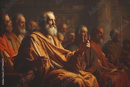 Apostle Paul preaching in the synagogue to the Ephesians, Generative AI photo
