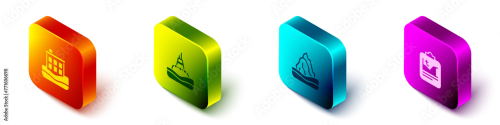 Obraz premium Set Isometric House flood, Floating buoy on the sea, Iceberg and Global warming icon. Vector