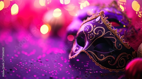 Festive venetian mask on a gradient purple background, copy space background © Hanasta