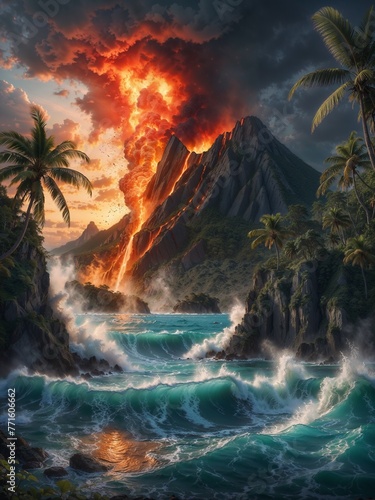 Epic volcanic eruption on a tropical island