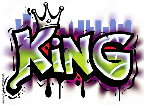Inscription word King Graffiti, bold characters and letters. Spray painted tag, street art design. Wallpaper and background resource.