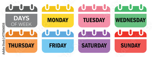days of week in the weekly calendar, date and time calendar for planning