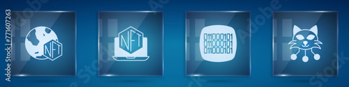 Set NFT Digital crypto art, Laptop with store app, Binary code and . Square glass panels. Vector