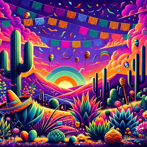 Festive Desert Fiesta with Vibrant Cacti and Colorful Sky