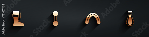 Set Sport boxing shoes, Dumbbell, Mouth guard boxer and Punching bag icon with long shadow. Vector
