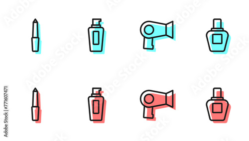 Set line Hair dryer, Nail file, Bottle of shampoo and Perfume icon. Vector