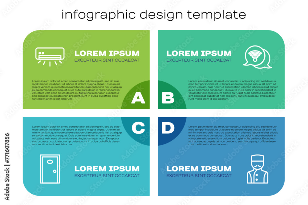 Set line Hotel door, Air conditioner, Concierge and Wi-Fi wireless internet. Business infographic template. Vector