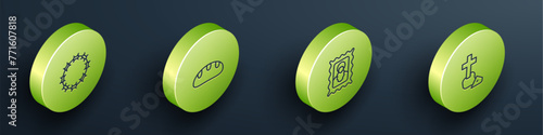 Set Isometric line Crown of thorns, Bread loaf, Christian icon and cross icon. Vector
