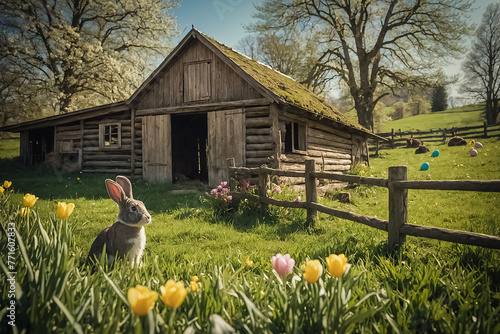 cute bunny in the rustic countryside on a sunny day with a charming barn visible in the background, peaceful countryside ambiance with colorful eggs and cute bunny