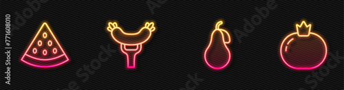 Set line Pear, Watermelon, Sausage the fork and Tomato. Glowing neon icon. Vector