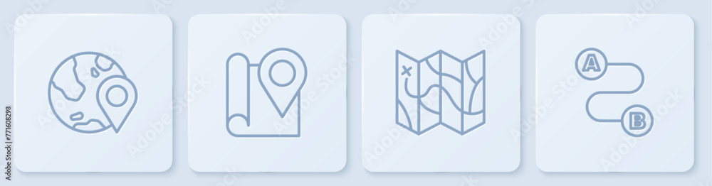 Set line Location on the globe, Folded map, with location marker and Route. White square button. Vector Set line Location on the globe, Folded map, with location marker and Route. White square button. Vector