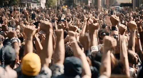 People raising their fists in a demonstration. photo