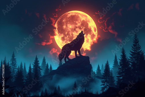 fantasy wolf werewolf howls at full moon on top of mountain in the forest at night
