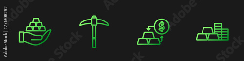 Set line Gold exchange money, bars in hand, Pickaxe and coin with gold. Gradient color icons. Vector