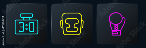 Set line Sport mechanical scoreboard, Boxing glove and helmet. Black square button. Vector