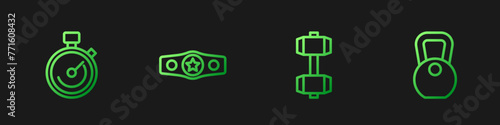 Set line Dumbbell, Stopwatch, Boxing belt and Weight. Gradient color icons. Vector