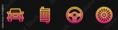 Set line Steering wheel, Car, radiator cooling system and Alloy for car. Glowing neon icon. Vector