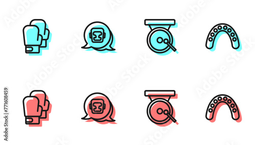 Set line Boxing gong, glove, helmet and Mouth guard boxer icon. Vector