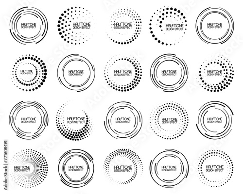 Speed lines in circle form. Geometric art. Set of black thick halftone dotted speed lines. Design element for frame, logo, tattoo, web pages, prints, posters, template, abstract background.
