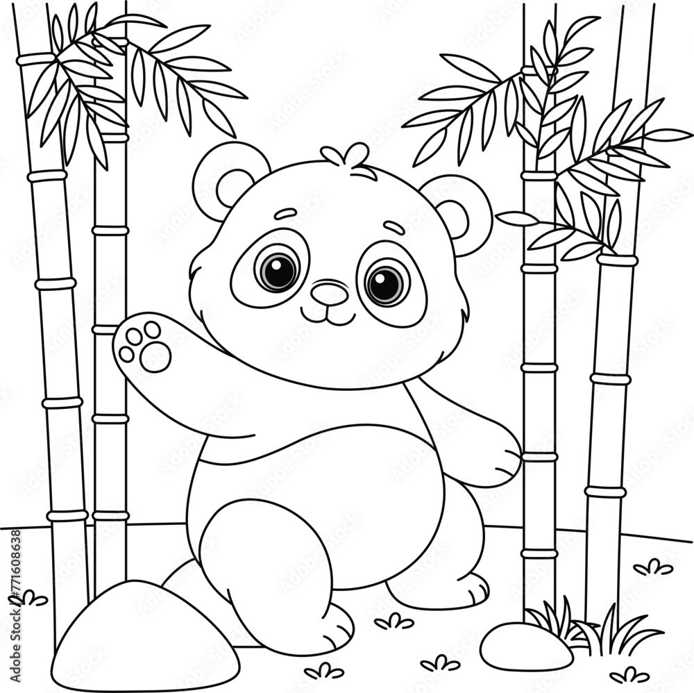 Cute kawaii panda cartoon character in the bamboo forest background