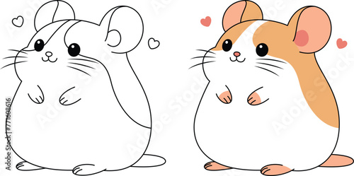 Cute kawaii hamster cartoon character coloring page isolated on white background vector illustration