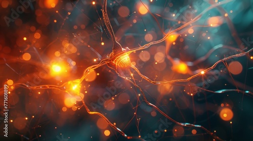A close up of a brain with many neurons and a lot of light. The neurons are orange and the background is blue