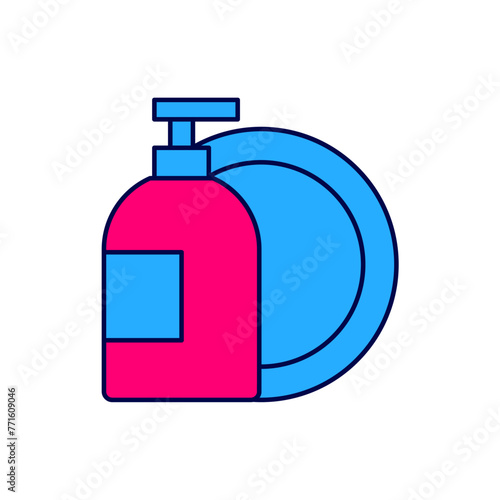 Filled outline Dishwashing liquid bottle and plate icon isolated on white background. Liquid detergent for washing dishes. Vector