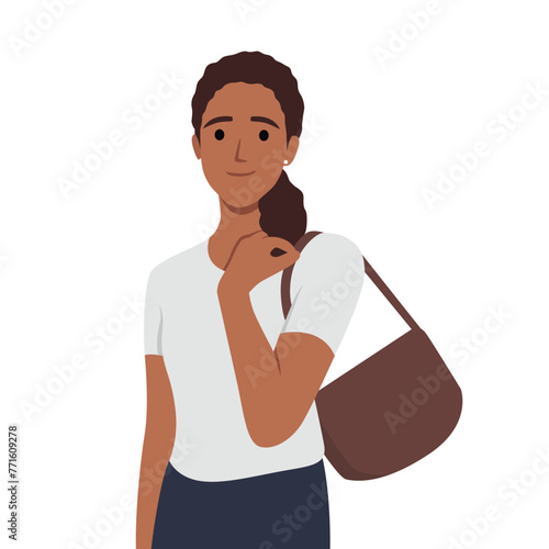 Fashion illustration of a beautiful, young, happy woman in casual shirt with bag purse. A fashion model. Flat vector illustration isolated on white background
