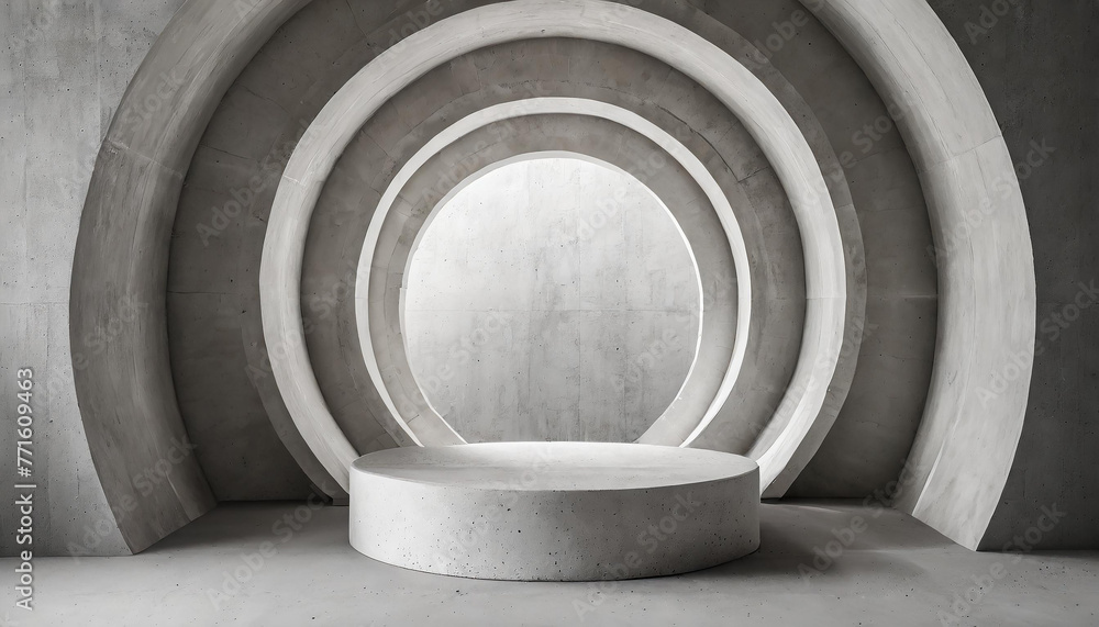 Geometric room with round podium for product presentation. Gray concrete walls. Futuristic architecture Geometric room with round podium for product presentation. Gray concrete walls. Futuristic architecture