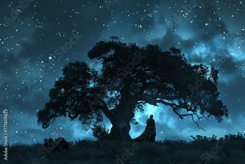 Silhouette of Abraham the father of faith in a nocturnal landscape talking to God next to a big tree, Generative AI photo