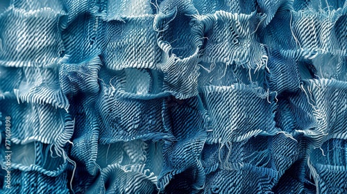 A blue denim fabric with holes and frayed edges. The fabric is torn and ripped, giving it a worn and tattered appearance. Concept of nostalgia and a connection to the past
