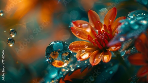 A flower with droplets of water on it. The droplets are reflecting the light and creating a beautiful  serene atmosphere