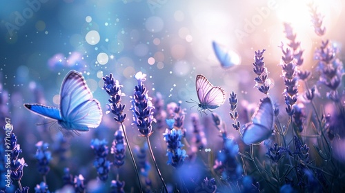 A Delicate butterflies fluttering in a mystical lavender field bathed in an ethereal blue glow. © Creative_Bringer