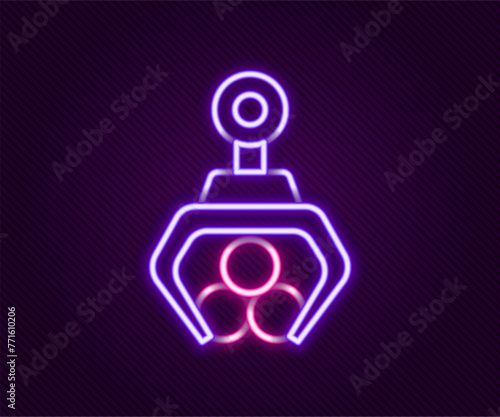 Glowing neon line Grapple crane grabbed a log icon isolated on black background. Forest industry. Industrial crane for lumber trunk wood production. Colorful outline concept. Vector