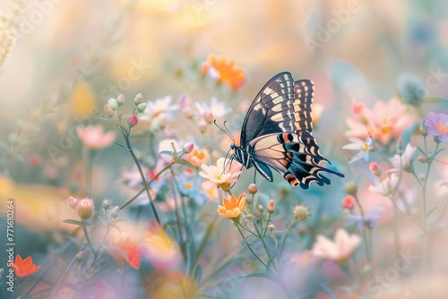 A majestic butterfly alights on blooming flowers in a field photo