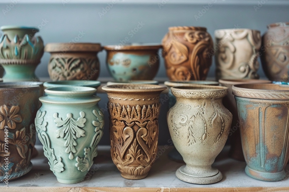 A Row of assorted ceramic pots with intricate carvings on a simple gray background.