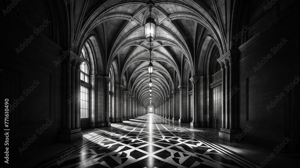 A long, dimly lit hallway with a patterned floor and high arched ceilings. - obrazy, fototapety, plakaty 