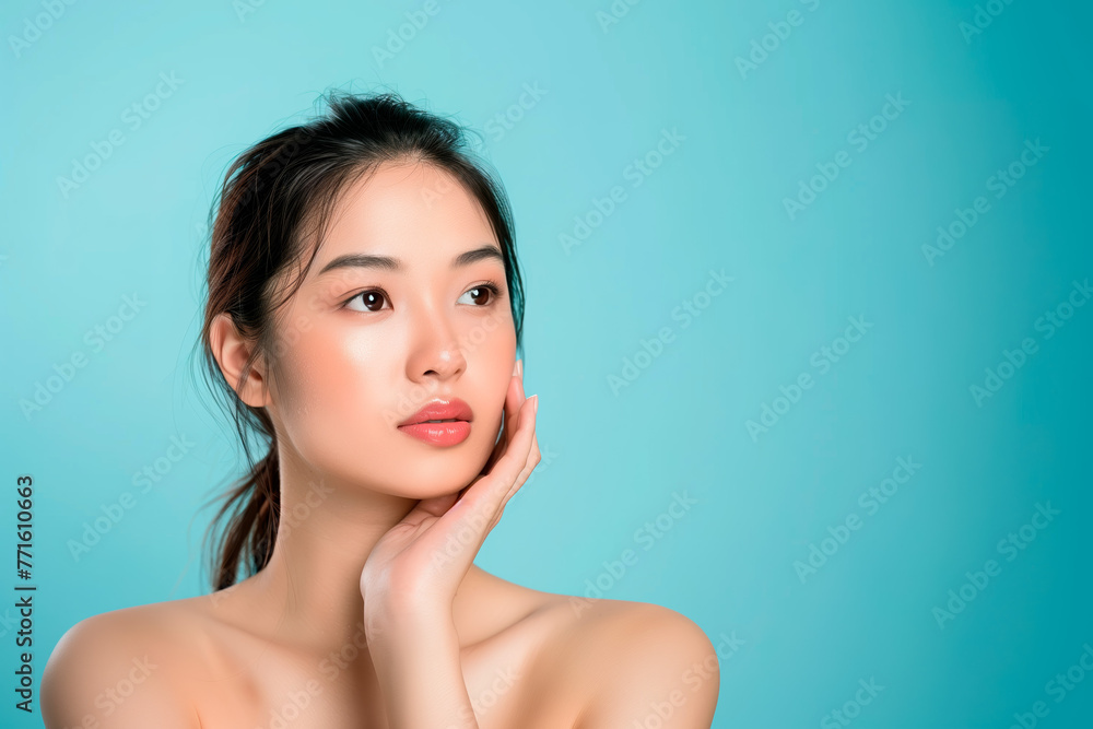 Serene Beauty Portrait on Light Blue Background. A contemplative young Asian woman gently touching her face. Serene Beauty Portrait on Light Blue Background. A contemplative young Asian woman gently touching her face.