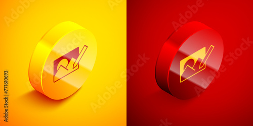 Isometric Photo retouching icon isolated on orange and red background. Photographer, photography, retouch icon. Circle button. Vector photo