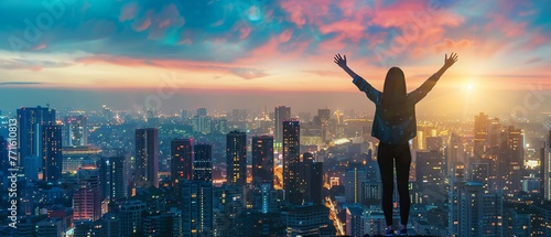 A woman raises her arms in triumph against a cityscape at dusk photo