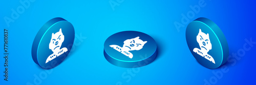 Isometric Krampus, heck icon isolated on blue background. Horned devil. Traditional Christmas devil. Happy Halloween party. Blue circle button. Vector